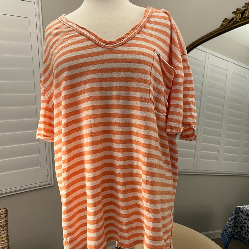 Free People Orange and White Striped V-Neck T-Shirt